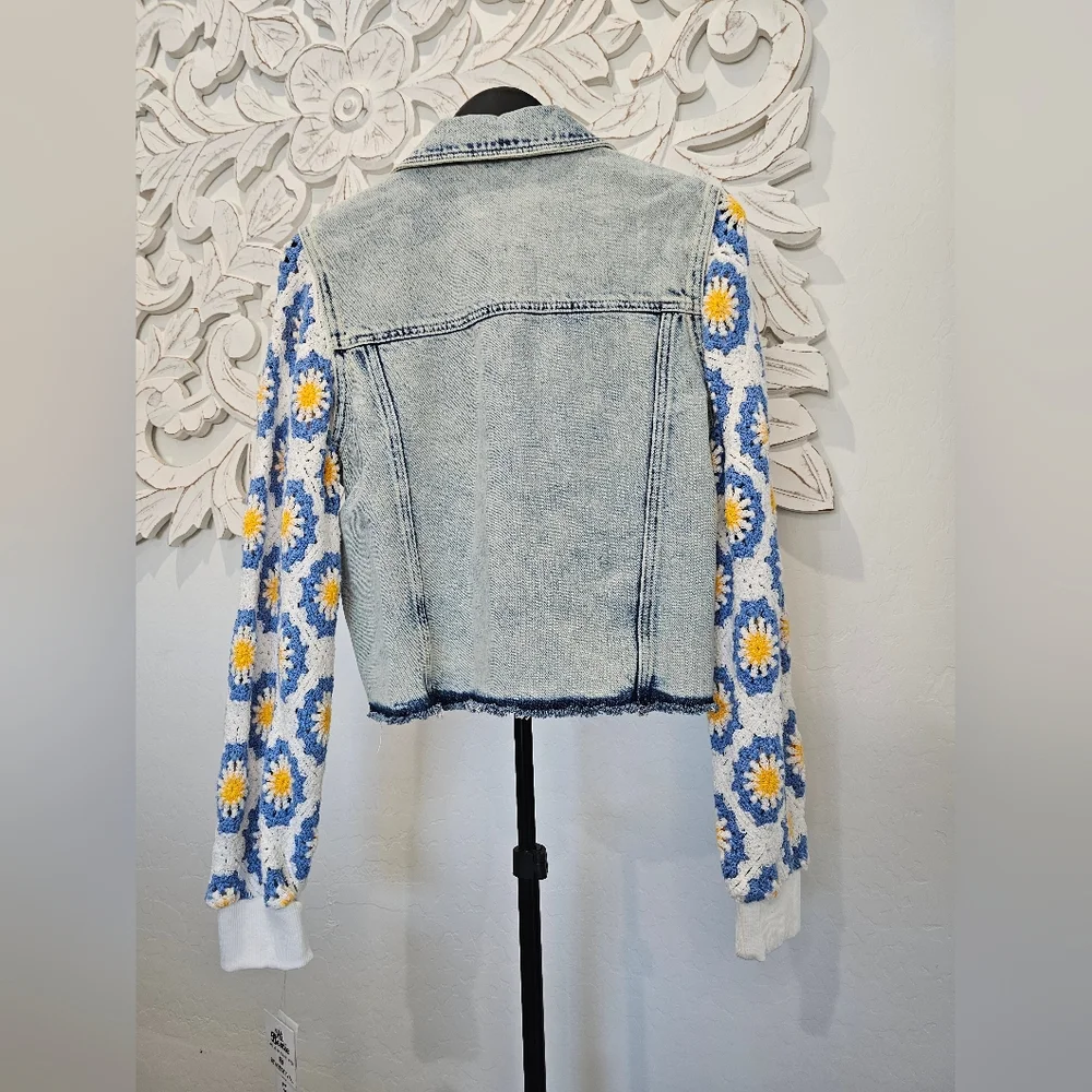 Tween Diva Girls' Blue Denim Jacket with Floral Crochet Knit Sleeves Size 16 NWT